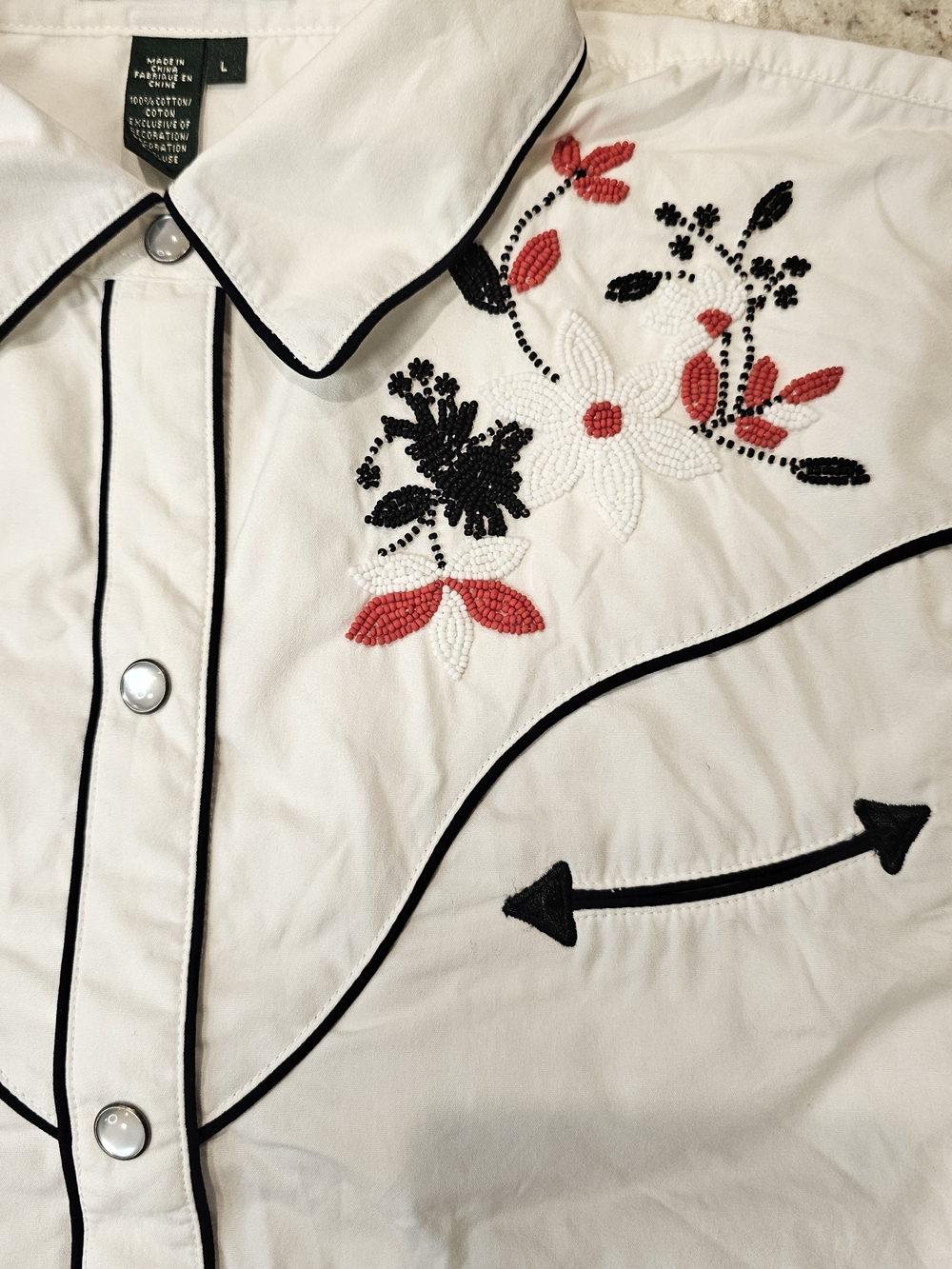 Ralph Lauren Jeans Co Western Pearl Snap Shirt L White Embroidered Cowboy Floral